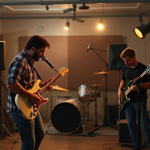 Captura de pantalla de un videoclip musical con un grupo de müsica indie tocando en un estudio.