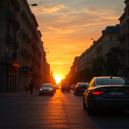 Fotograma de un anuncio publicitario de una marca de coches, filmado en las calles de Madrid al atardecer.